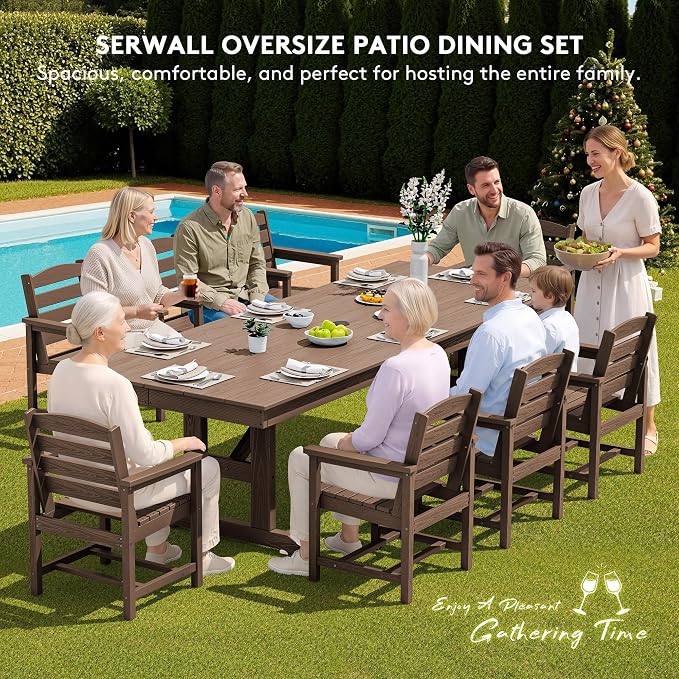SERWALL 10 Piece Outdoor Dining Set with 15ft Triple-Head Foldable Umbrella(Based not Included), 84" HDPE Outdoor Table and Chairs for 8, Brown