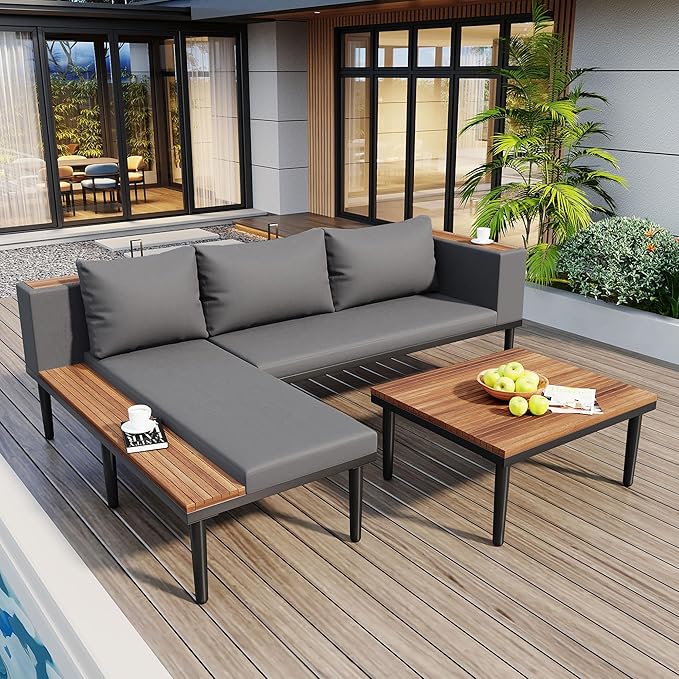 Luxury Outdoor Patio Furniture Set, L-Shaped Acacia Wood Sectional Sofa with Side Table, All-Weather Conversation Set with Removable Cushions and Coffee Table for Backyard Porch (Gray-4.20)