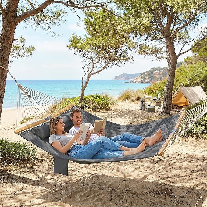 Outsunny Outdoor Hammock, 2-Person Hammock with Head Pillow and Pad, Wood Spreader Bars, 440 lbs Capacity, for Patio Yard Garden, 128" x 55", Gray