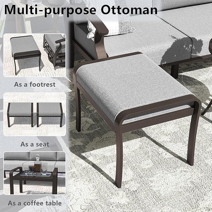 ALAULM Aluminum Patio Furniture Set with Propane Fire Pit Table 7-seat Metal Outdoor Furniture w/Swivel Chairs Patio Sectional Sofas w/2 Ottomans for Porch, Backyard, Poolside-Grey