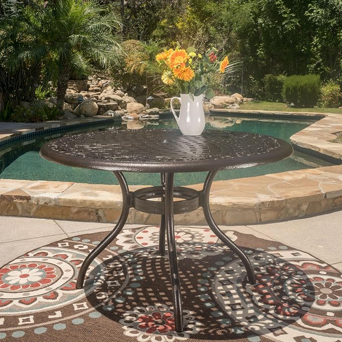 roomfitters 48in Outdoor Round Dining Table Cast Aluminum Patio Garden Table with Decorative Lattice Top, Bronze