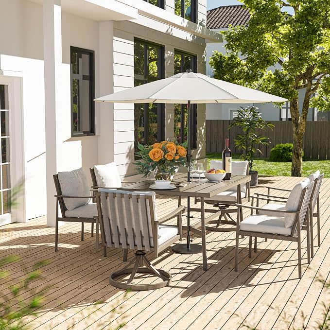 HAPPATIO 7-Piece Outdoor Dining Set for 6, Aluminum Patio Dining Set Includes 4 Dining Chairs, 2 Swivel Dining Chairs, and 1 Large Rectangular Table with Umbrella Hole, for Lawn Porch Backyard, Grey