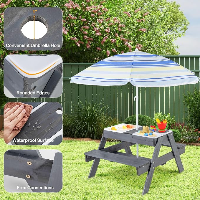 KOTEK Kids Picnic Table, 4 in 1 Sand and Water Table w/Detachable Tabletop, 3 Removable Play Boxes, Foldable & Height Adjustable Umbrella, Wood Sensory Table and Bench for Outdoors, Indoors (Grey)