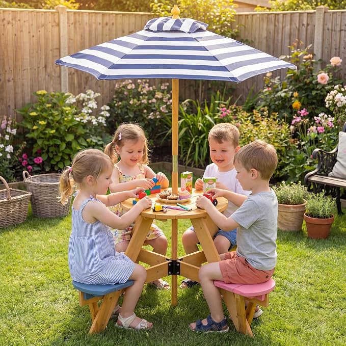 HONEY JOY Kids Picnic Table, 4-Person Fir Wood Toddler Round Outdoor Table & Chair Set, Adjustable Umbrella, Wooden Children Outdoor Furniture for Patio Backyard Lawn Garden, Natural