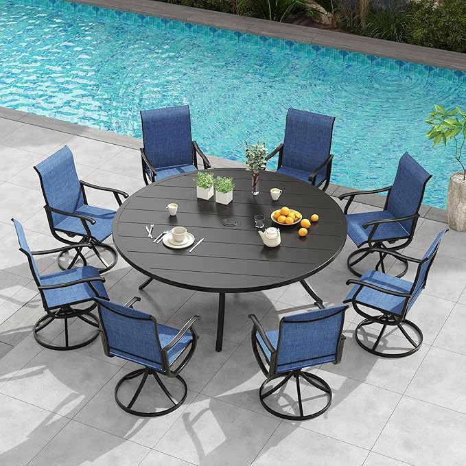 VICLLAX 9 Pieces Outdoor Patio Dining Set, 60" Round Wrought Iron Metal Outdoor Table with Umbrella Hole and 8 Swivel Textilene Chairs for Lawn,Garden,Porch,Black/Dark Blue