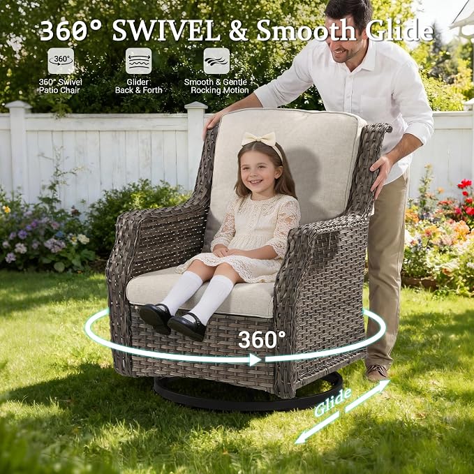 Outdoor Wicker Chairs Set of 2, Patio Swivel Rattan Chair with Wide Armrest and Thick Cushions, Ideal for Backyard, Garden, Poolside, Beige