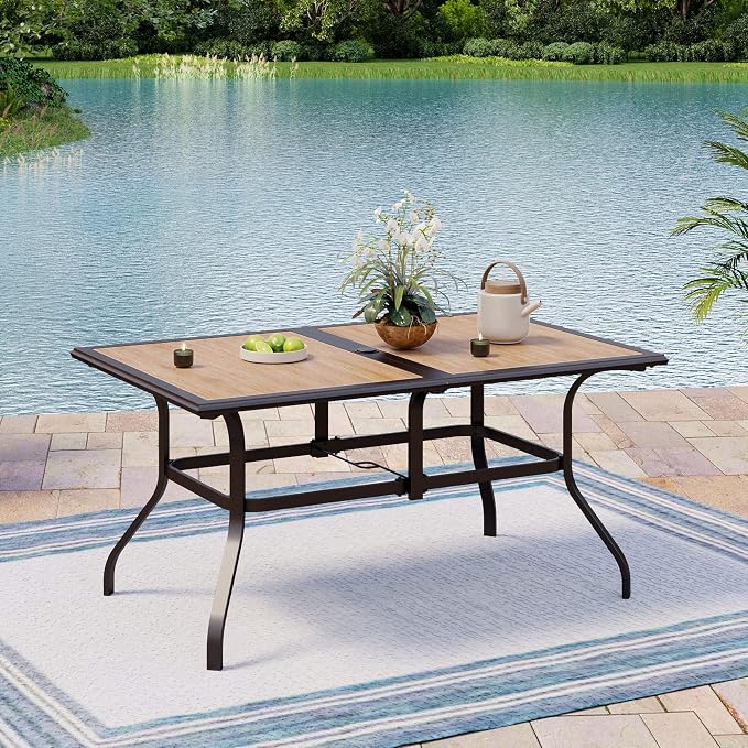 MIXPATIO Outdoor Patio Dining Table for 6, 60" x 37" Rectangular Metal Patio Dining Table with Umbrella Hole and Faux Wood Tabletop, All Weather Wrought Iron Black Outdoor Table for Backyard and Porch