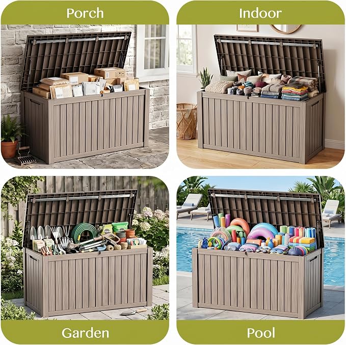 Waterproof Outdoor Storage Box Outside Deck Box Lockable Resin Bench UV Resistant Furniture Cushion Pool Tool Float Bin Patio Garden Porch (Grey, 150 Gallon)