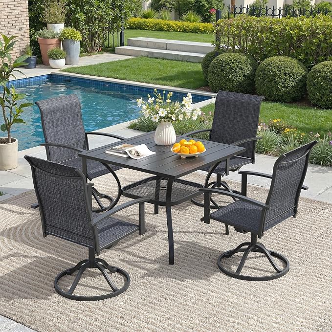 5 Pieces Outdoor Patio Dining Set, 37.8" All Weather Square Metal Table with Umbrella Hole and Storage Shelf, 4 High Back Textilene Swivel Chairs for Garden, Lawn, Black