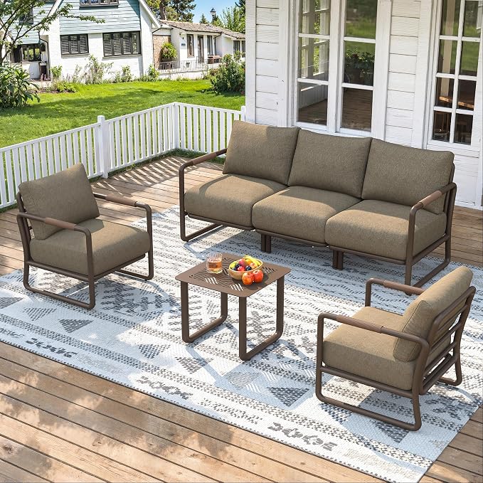 5-Seat Outdoor Aluminum Patio Sofa Set with Coffee Table, Deep Seating Conversation Set with 6.5" Cushions, Modern All-Weather Furniture for Garden, Balcony, Poolside, Brown