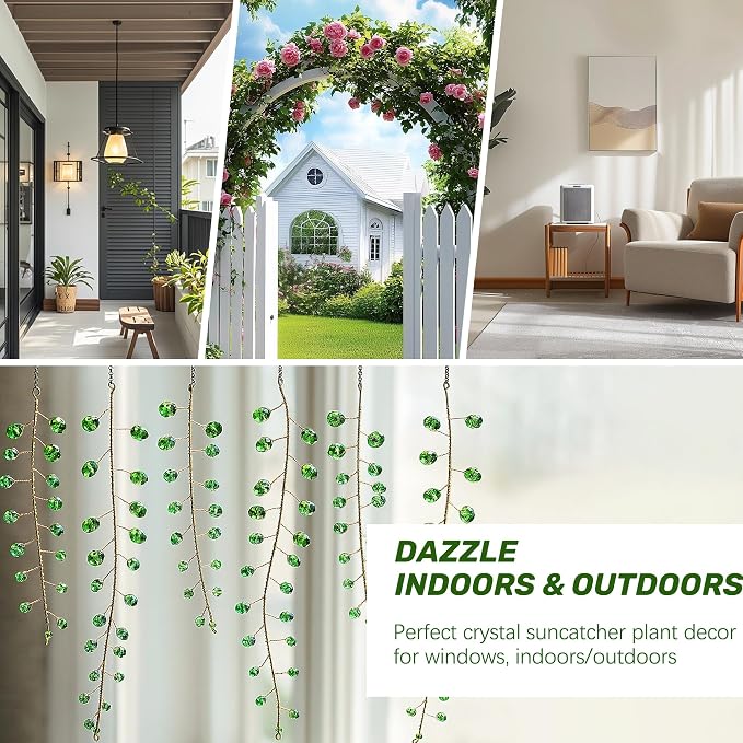 6 Pcs Crystal Beaded Suncatchers Artificial Green Plants Hanging Wind Chime | Beaded Glass Plant Suncatcher with Chain for Window Indoor Outdoor Potted Plants Decorations Plant Lover Gift