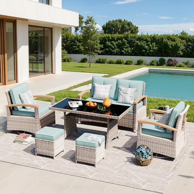 MEISSALIVVE 7 Pieces Patio Furniture Sets, PE Wicker Outdoor Conversation Sets with 2 Wood Armrests Swivel Rocker Chairs, 2 Ottomans, 2-seat Sofa and Dining Table (Blue)
