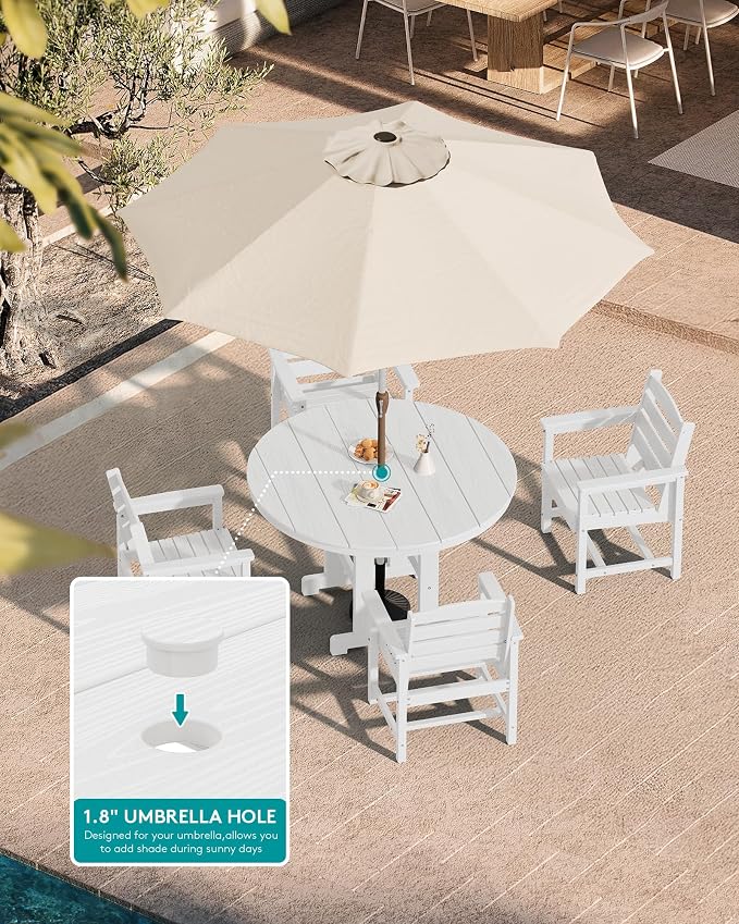 SERWALL 6-Piece Patio Dining Sets, HDPE Outdoor Table and Chairs Furniture Set with Umbrella, 45" Round Dining Table & 4 Dining Chairs & 1 9FT Umbrella, White(Not Include Umbrella Base)