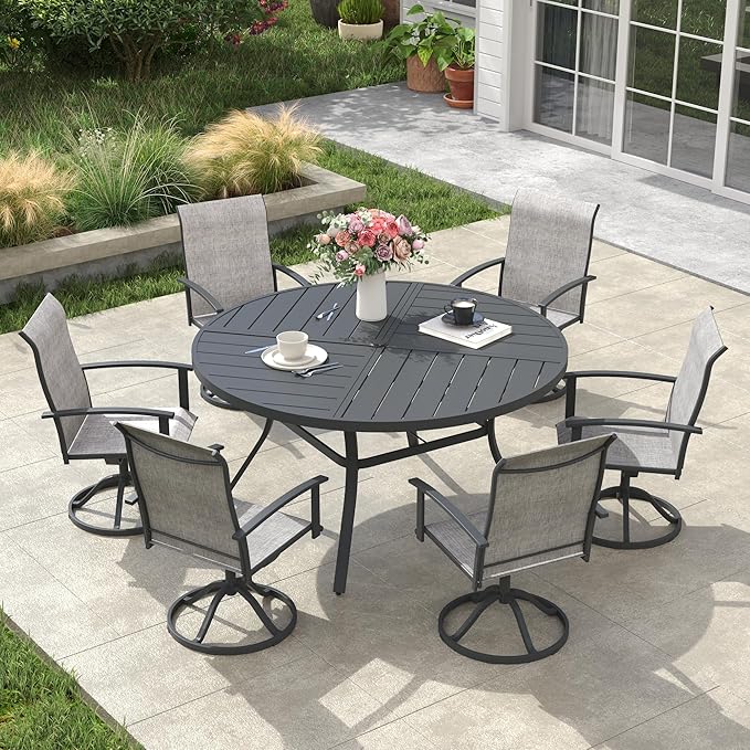 VICLLAX Outdoor Table and Chairs Set for 6, Patio Dining Set of 50" Metal Round Patio Table with Umbrella Hole & 6 Swivel Outdoor Dining Chairs for Backyard Lawn, Grey & Dark Grey