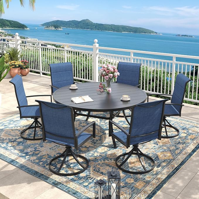 Outdoor Dining Set for 6, 50" Outdoor Dining Table with Umbrella Hole and Padded Textilene Patio Swivel Chairs, 7 Pieces Patio Table and Chairs Set for Garden Backyard, Dark Blue and Black