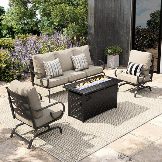 Sophia & William Patio Conversation Set for 5, 3-Seater Sofa, 2 Rocking Chairs and a 45" Fire Pit Table, Metal Outdoor Furniture with 5.75" Extra Thick Cushions, Beige