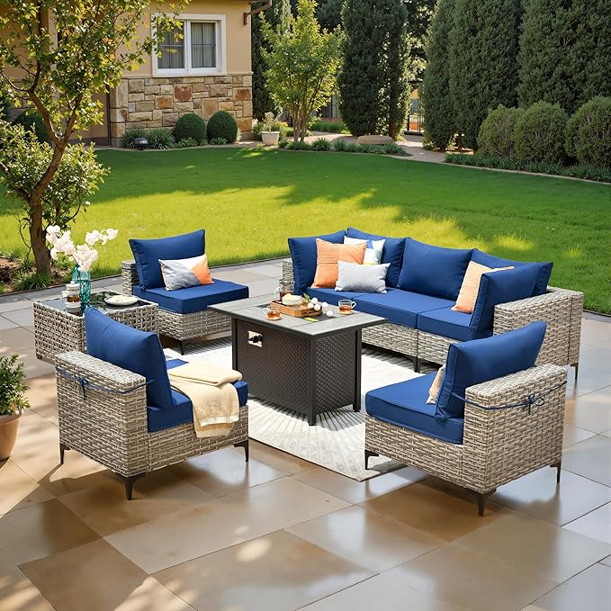 8 Pcs Patio Furniture with Fire Pit Table, Outdoor Rattan Wicker Conversation Set with Glowing Coffee Table, Comfy Sectional Sofa for Porch Balcony Backyard Pool, Blue