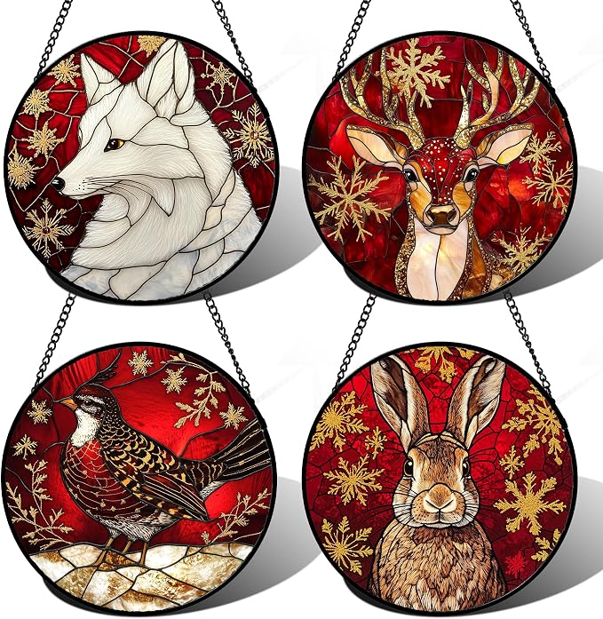 DASTOLL Stained Glass Window Hanging 4 Pcs Set Red Golden Snowflakes Large 11.8" - Christmas Elk Rabbit Suncatcher Door Garden Sun Catcher Decor Birthday for Mom Woman Nana Men