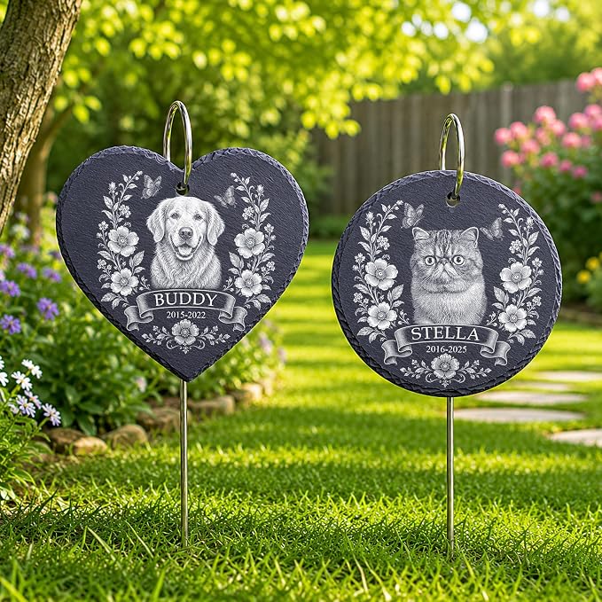 Personalized Pet Memorial Garden Stone for Dogs Cats - Dog Photo Memorial Natural Stone with Garden Stake, Condolences Sympathy Gift for Dog Lovers, Pet Loss Gifts, Waterproof for Indoor & Outdoor