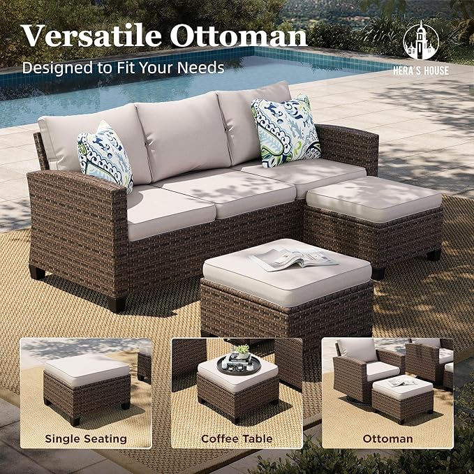 HERA'S HOUSE Wicker Patio Furniture Set with Fire Pit Table, Outdoor Rattan Conversation Sofa Sets for Lawn Yard