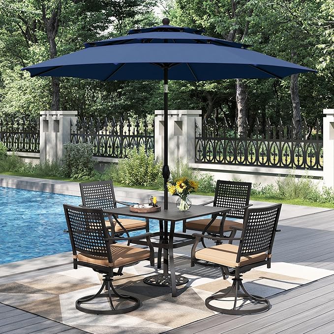 PHI VILLA 5 Pieces Outdoor Dining Set for 4 with Umbrella, 37" Metal Square Table & Swivel Wrought Iron Chair with Cushions & 10ft Red Umbrella, Modern Furniture for Patio, Deck, Porch, Yard