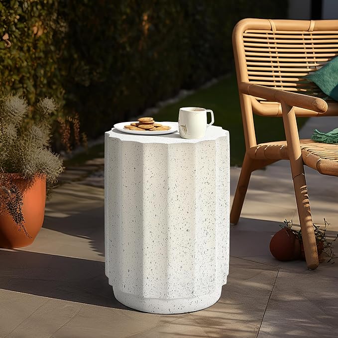 LuxenHome Cream with Gray Cement Fluted Round Indoor Outdoor Side and End Table, Set of 2