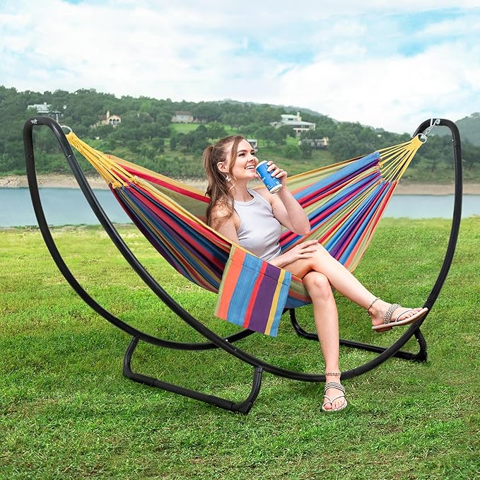 SUNCREAT Portable Space Saving Hammock with Stand, Two Person Hammock with Stand Included, Patent Pending, Rainbow