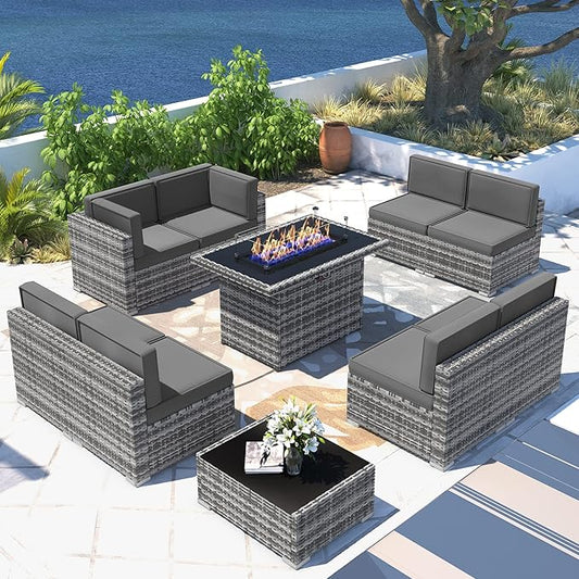 10 Pieces Patio Furniture Set with 44" Propane Gas Fire Pit Table, Outdoor Sectional Wicker Conversation Sofa Sets with Coffee Table