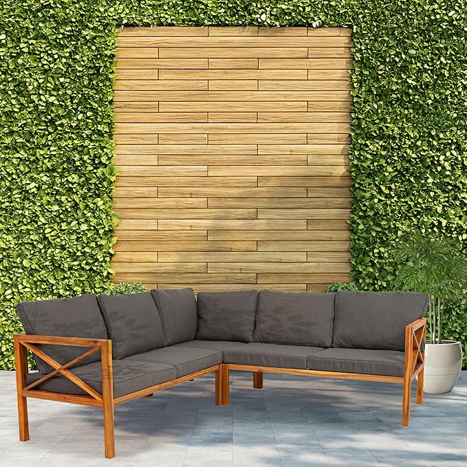 Sunnydaze 4-Piece Acacia Wood Patio Furniture Set - Edisto Outdoor Conversation Set - Wood Outdoor Furniture - Natural Gray