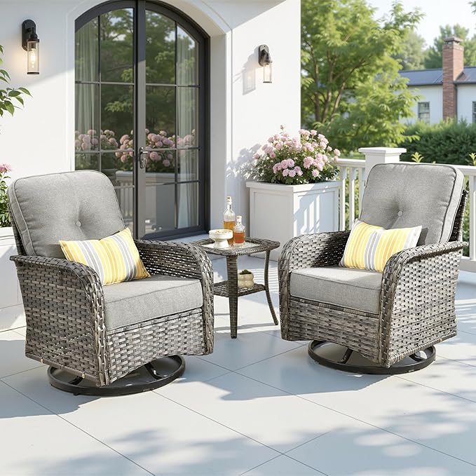 3 Pieces Patio Furniture Set, All-Weather Rattan Wicker Outdoor Furniture with Swivel Rocking Chairs and Side Table, High Back Conversation Set for Porch, Backyard, Balcony,Dark Grey