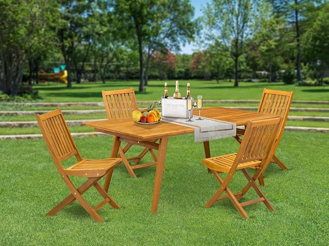 East West Furniture DEDK5CWNA 5 Piece Patio Dining Set Includes a Rectangle Outdoor Acacia Wood Table and 4 Folding Side Chairs, 40x72 Inch, Natural Oil