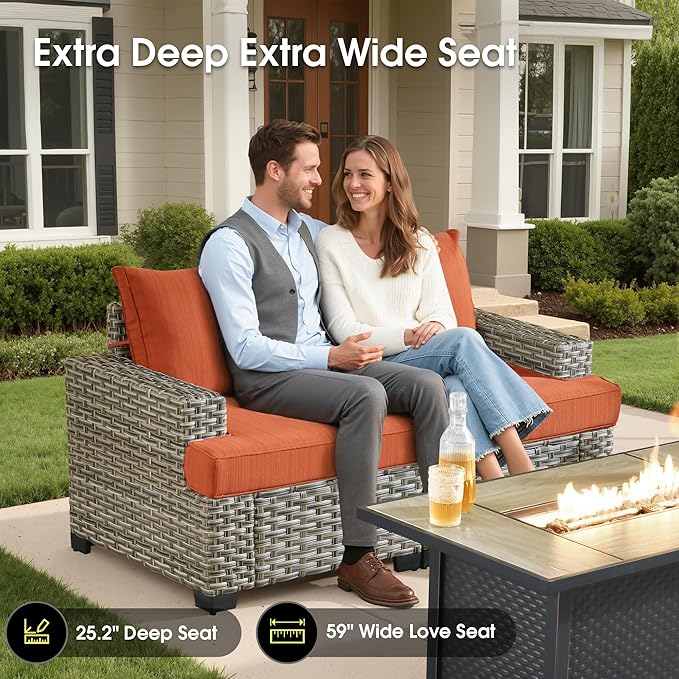 Outdoor Sectional Patio Furniture Set,9 Pieces All Weather Rattan Wicker Conversation Sets,Out Door Furniture with Ottoman Single Chair,Orange Red