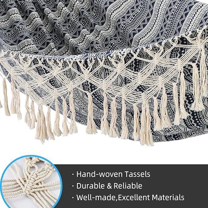 Garden Hammock with Tassels,2 Persons Indoor Hammocks with Portable Carry Bag Deluxe Macrame Fringe for Patio,Porch,Backyard,Beach,Outdoor and Inside Cotton Fabric, Up to 450Lbs (Blue-White)