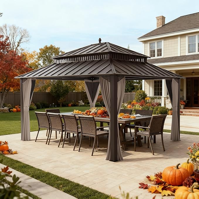 SUNJOY Kingston 14' x 12' Hardtop Gazebo with Galvanized Steel Double Roof, Curtain and Netting, Brown Aluminum Posts Permanent Pavilion Gazebo for Garden, Patio, Deck, Lawn