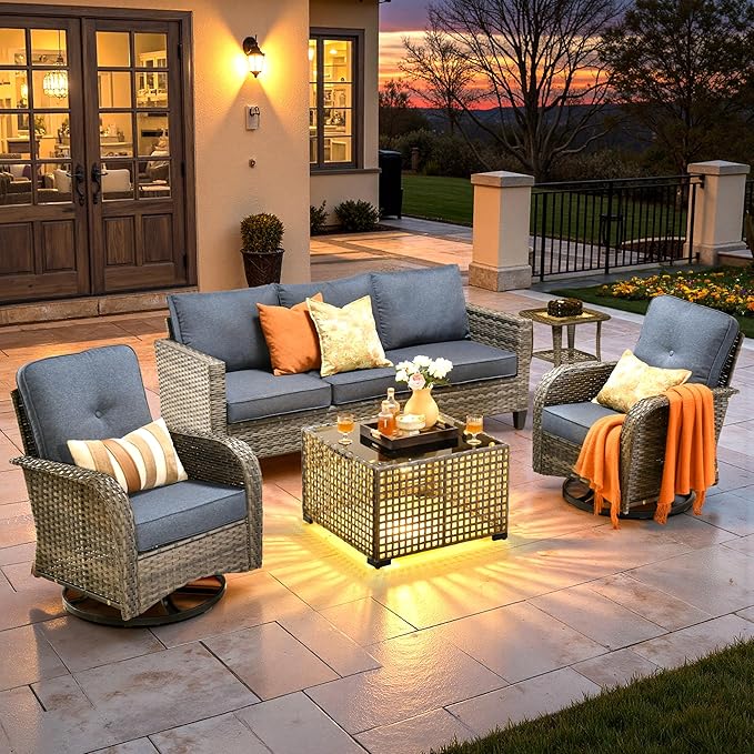 ovios 5 Pieces Patio Furniture Set, Outdoor Wicker Sofa Couch with Rocking Swivel Chairs Solar Lights Table, Modern Deep Seat Rattan Conversation Sets for Deck Porch, Denim Blue