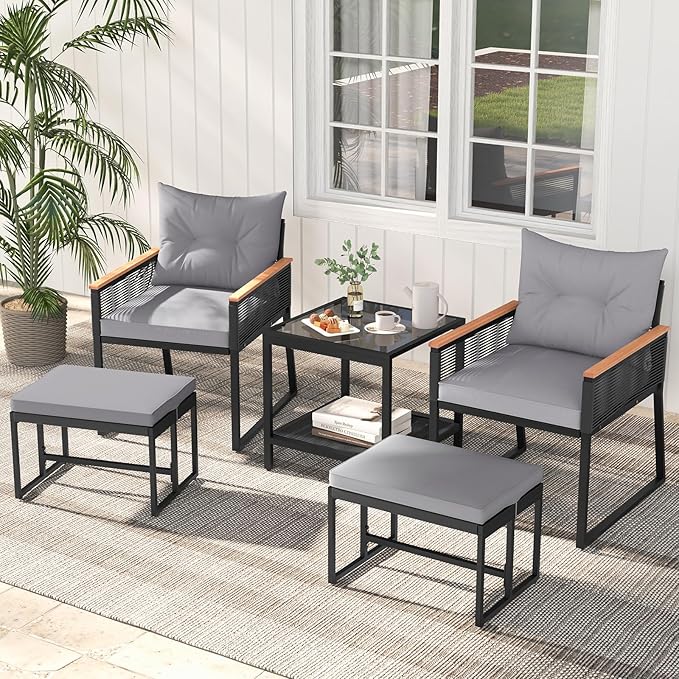 HAPPYGRILL 5 Piece Patio Conversation Set PE Rattan Wicker Chairs with 2 Ottomans, Soft Cushions and 2 Tier Coffee Table, Outdoor Furniture Set for Backyard, Garden and Poolside