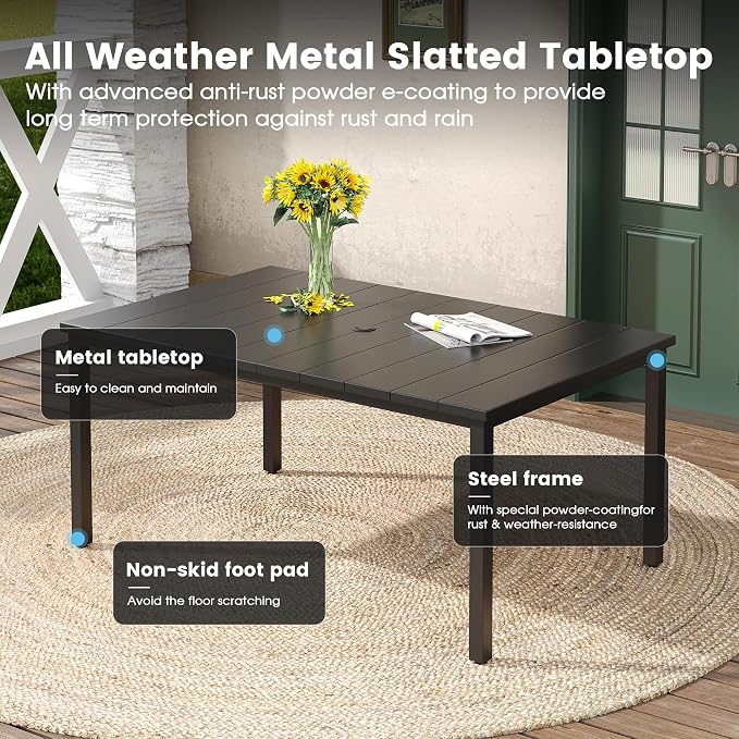 DIFY 7 Pieces Outdoor Patio Dining Set for 6, Swivel Dining Chairs with Brown Textilene and 63" Black Rectangle Metal Dining Table, Outdoor Table and Chairs for Lawn Garden Backyard Deck