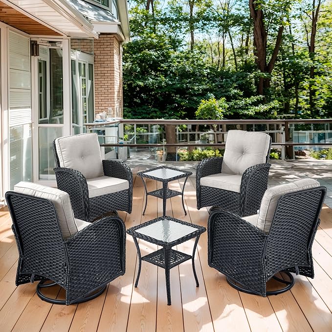 Outdoor Swivel Glider Rocker Chairs Set of 4 - Wicker Patio Furniture Set All Weather Patio Conversatio Sets with 2 Tempered Glass Side Table for Deck Backyard - Black Wicker Beige Cushion