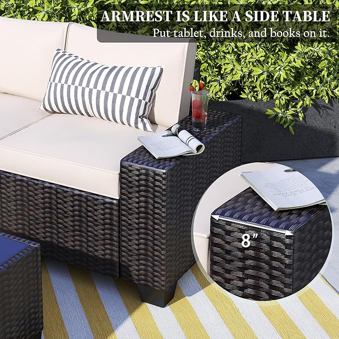 6 Pieces Patio Furniture Set, Outdoor Sectional Set of 6 w/Wide Armrest, Waterproof Wicker Conversation Set for Backyard, Deck, Beige
