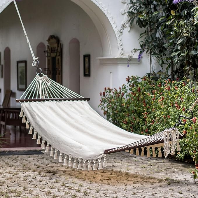 NOVICA Ivory White Cotton Fabric 1 Person Brazilian Style Hammock with Spreader Bars and Knotted Crochet Fringe, 'Take Me to The Sky' (Single)