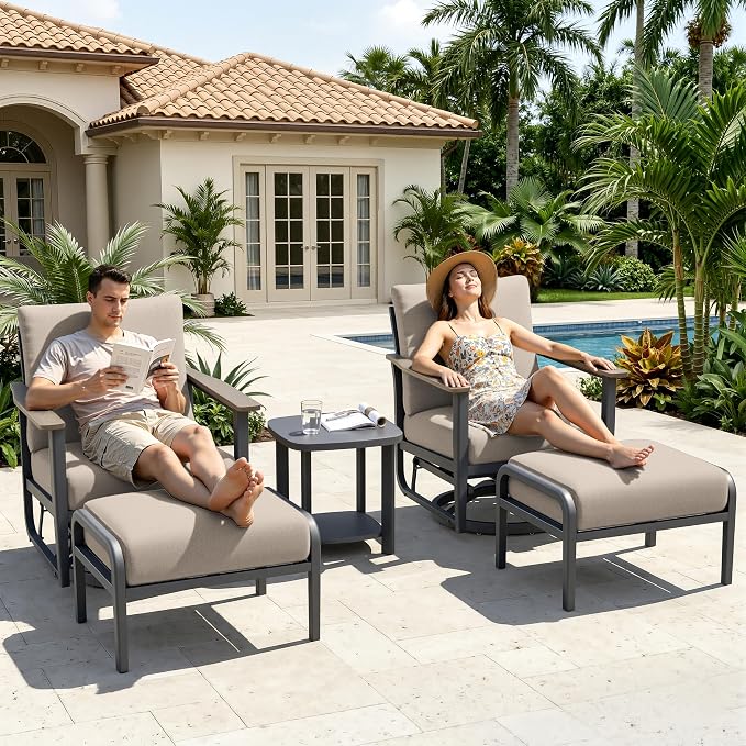 Aluminum Patio Swivel Rocking Chair Outdoor Bistro Set with Ottomans, 5PCS Patio Conversation Set Outdoor Patio Furniture Set with High Backrest & Thickened Cushions for Deck and Balcony, Sand