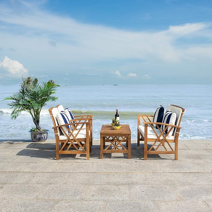 SAFAVIEH Outdoor Collection Fontana Natural/ Beige Cushions/ Thick Stripe Pillows 4-Piece Conversation Patio Set