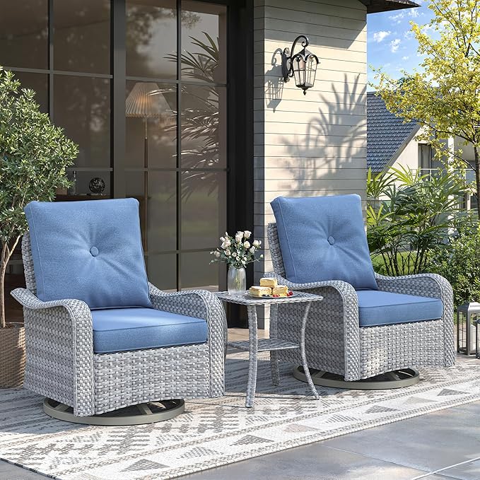 3 Piece Wicker Patio Furniture Set, Swivel Rocking Chairs with 4''Cushions, PE Rattan, Rust Resistant Frame, Double Layer Glass Side Table, for Backyard, Deck or Balcony, Navy