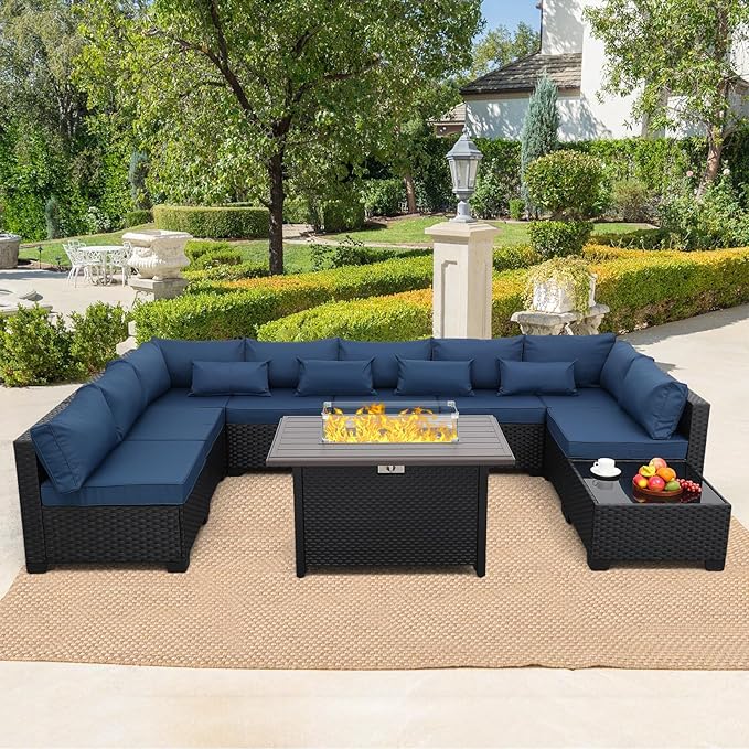 10 Pieces Outdoor Sectional All-Weather Wicker Patio Furniture Set Patio Sectional and Steel Fire Table and Glass Patio Table Non-Slip Cushions and Waterproof Covers, Navy Blue