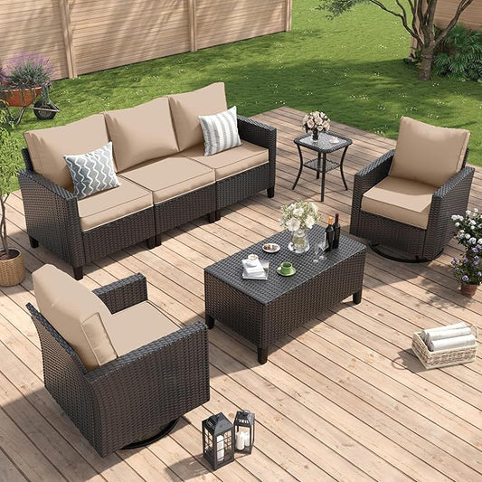 Amopatio Patio Furniture Set, 5-Piece Wicker Outdoor Sectional Sofa with Swivel Rocker Chairs, Rattan Conversation Set with Storage Coffee Table and Waterproof Cover for Backyard Black/Khak