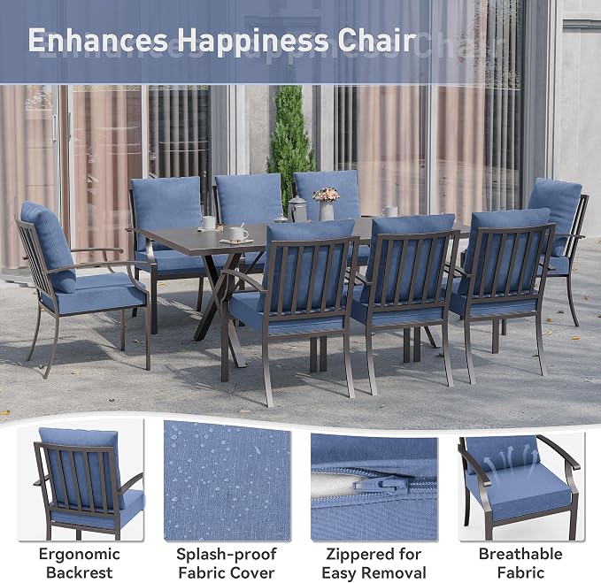 Kurapika 9 Pieces Patio Dining Set Outdoor Furniture with 8 Fixed Chairs, Metal Patio Furniture Set 8 Chairs and Large Table with Umbrella Cutout for Yard Porch, Navy Blue