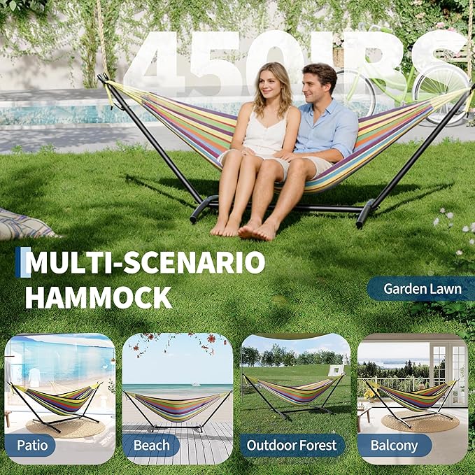Double Hammocks with Stand for Outside, Portable Space Saving Heavy-Duty Steel Stand for Indoor Outdoor Patio with Carrying Bag, 450 lbs Capacity (Rainbow Stripes)