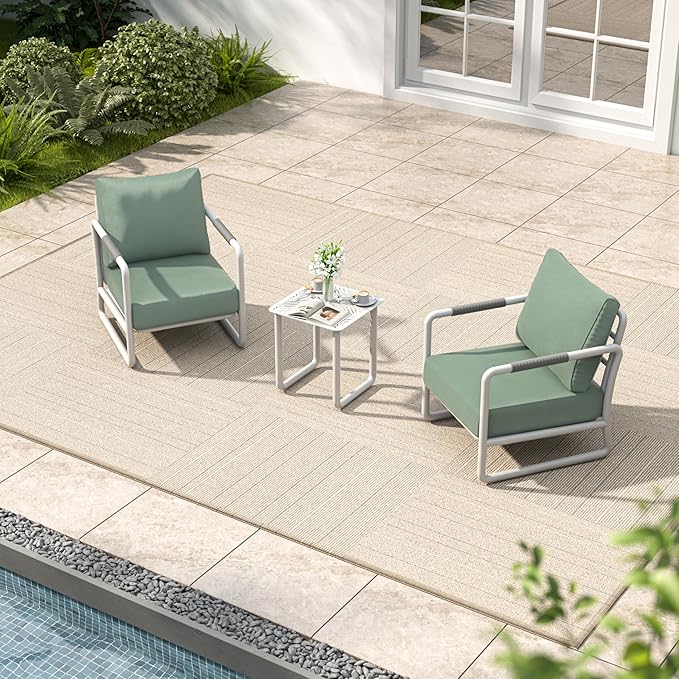3-Piece Aluminum Patio Furniture Set, Spacious Deep Seating Chairs with 6.5-Inch Thick Cushions and Coffee Table, All-Weather Rust-Resistant Outdoor Seating for Backyard, Deck, Porch, Balcony
