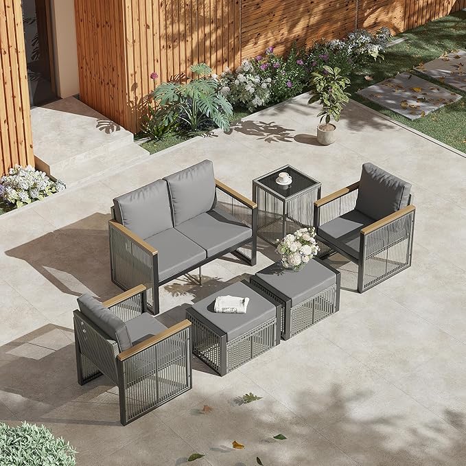 HOMREST Outdoor Patio Furniture Set with Ottomans, 6 Piece Patio Conversation Sets with Coffee Table,2 Ottoman,Coffee Table,Love Seat for Porch, Balcony, Deck, Yard(Grey)