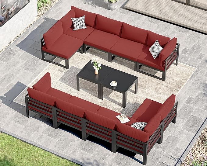 NICESOUL 12 Piece XL Aluminum Patio Sectional Furniture Set with Side Table, 500 lbs Heavy Duty Anti-Rust Outdoor Couch, 29" Extra Deep Wide Seating, High End Conversation Sofa for Poolside Yard, Red